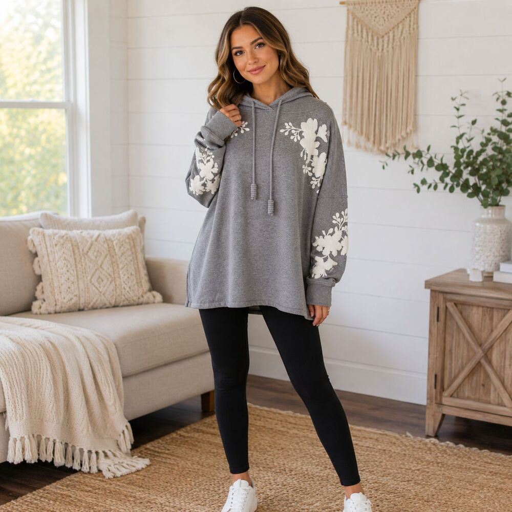 H&M LOGG Floral Hoodie XL Gray Boho Cottagecore Cozy Soft Girl